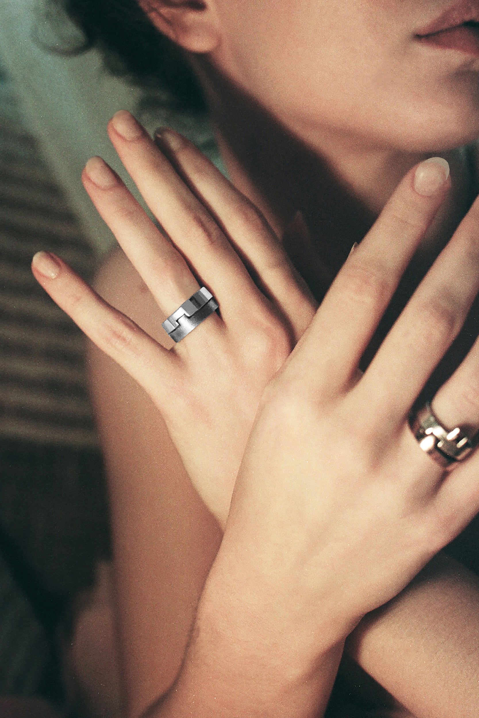 Puzzle ring, sterling silver brushed and satin